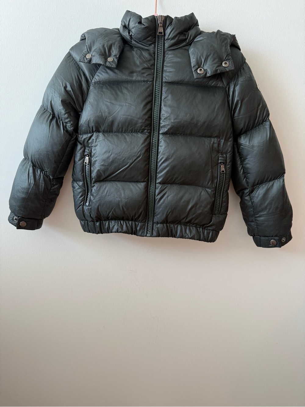 Authentic Moncler Dark Green Kids Puffer Jacket with Snap-Detachable Hood, 3T